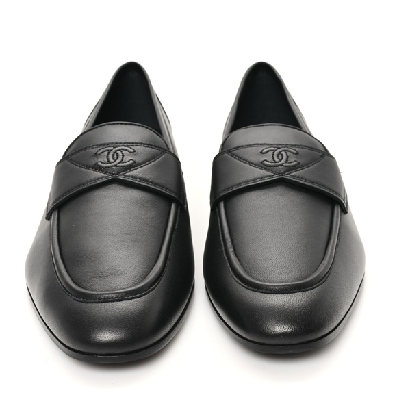 Chanel Uniform Black Leather Lambskin Loafers CC Logo Size 39.5 - Picture 2 of 10
